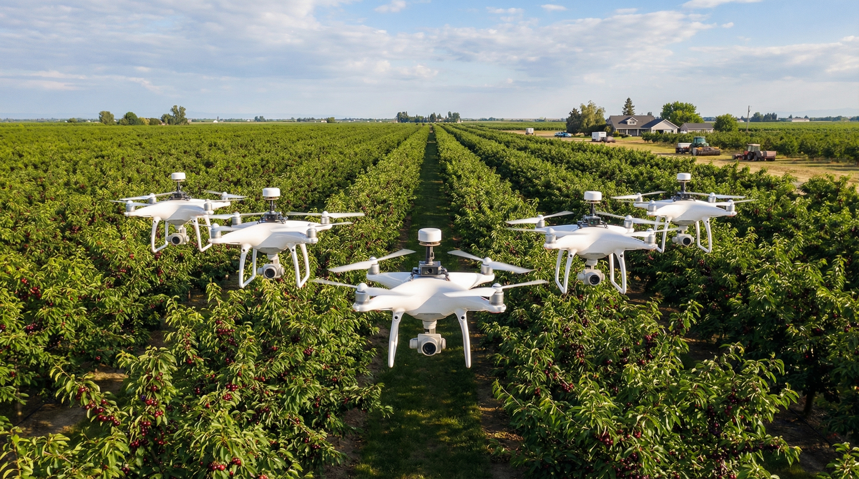 Autonomous drone fleet surveying cherry orchard canopy