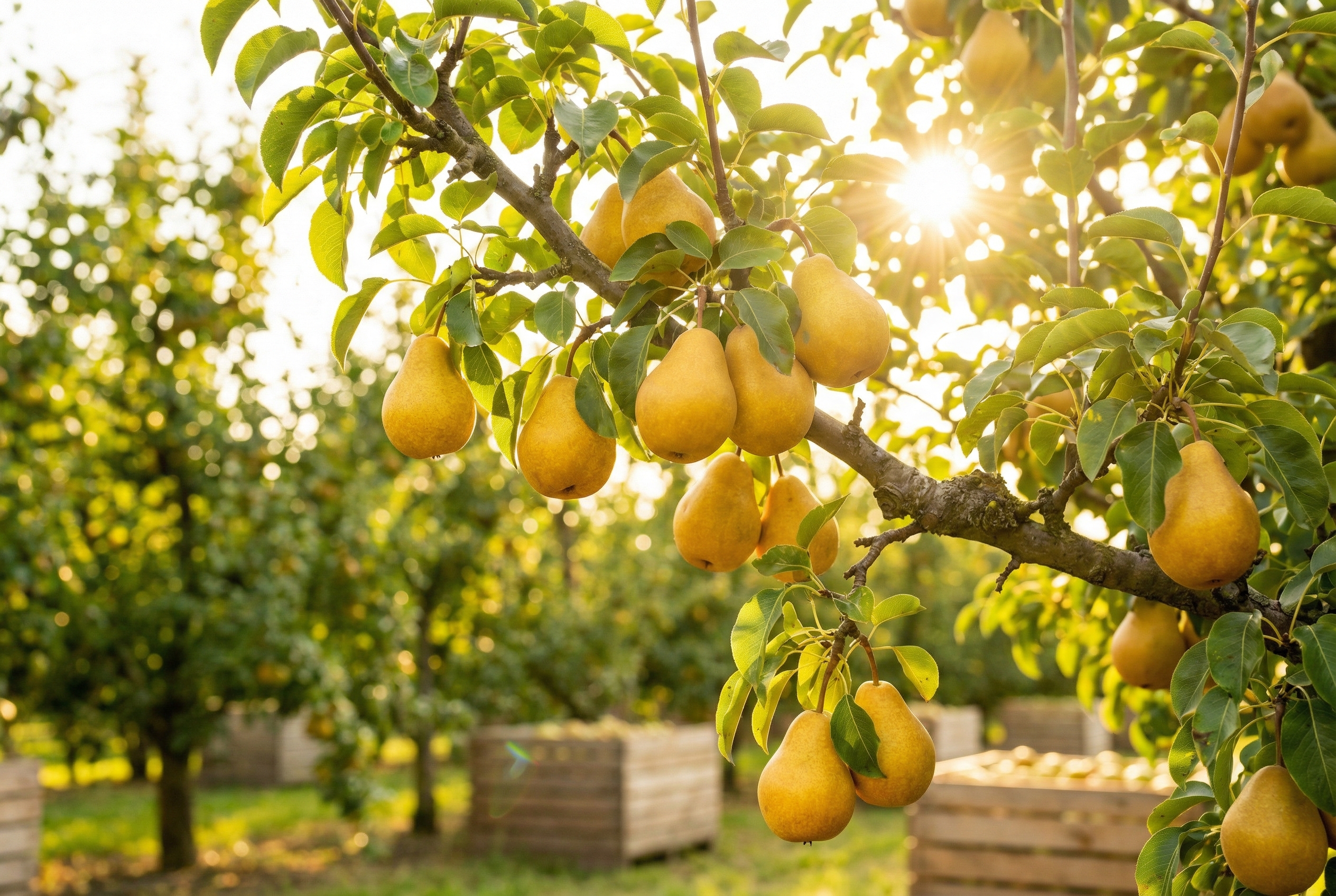 Sunlit pear orchard canopy with AI disease detection overlay highlighting early fire blight symptoms