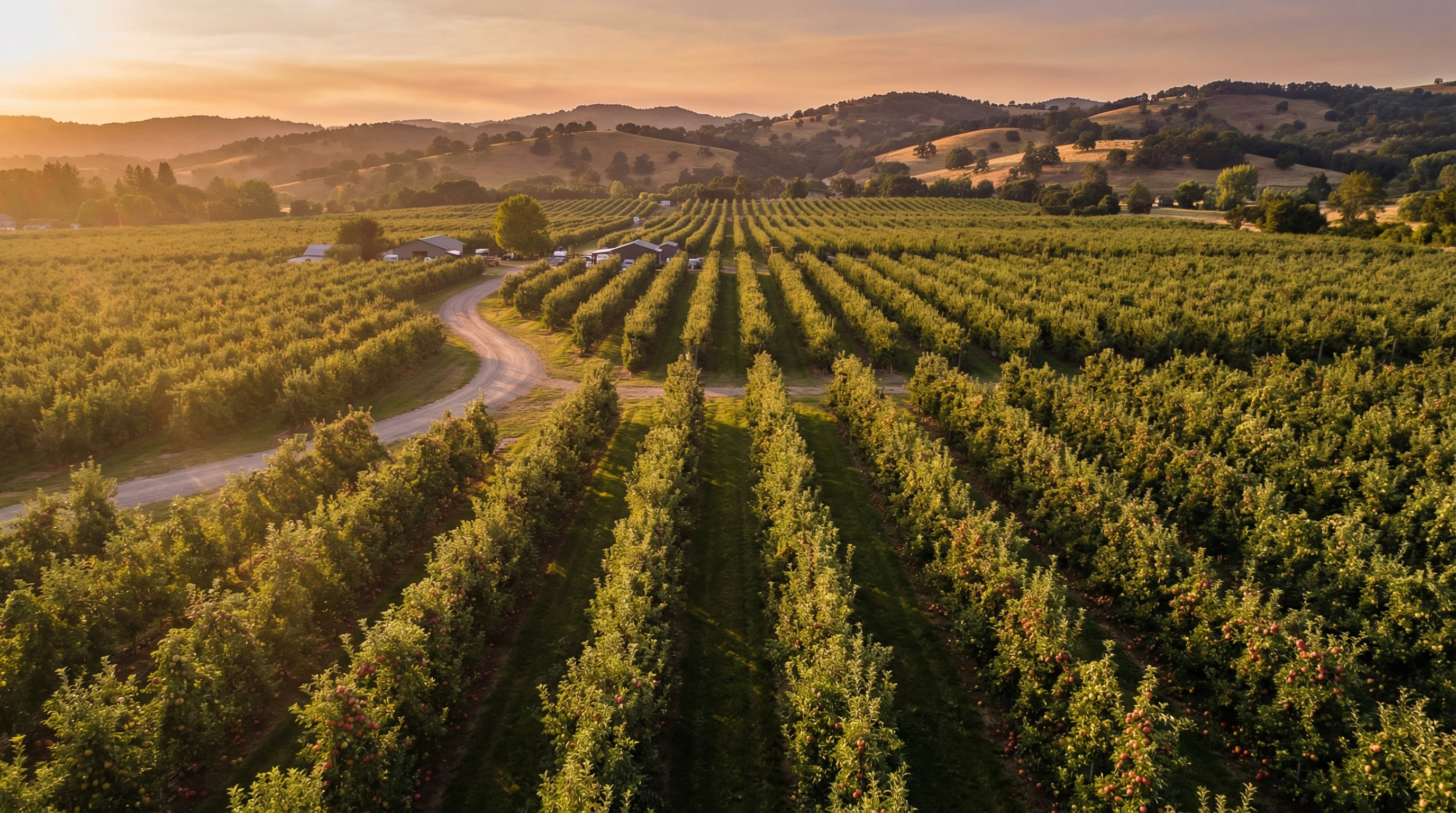 Aerial view of AI-managed orchard rows at golden sunset