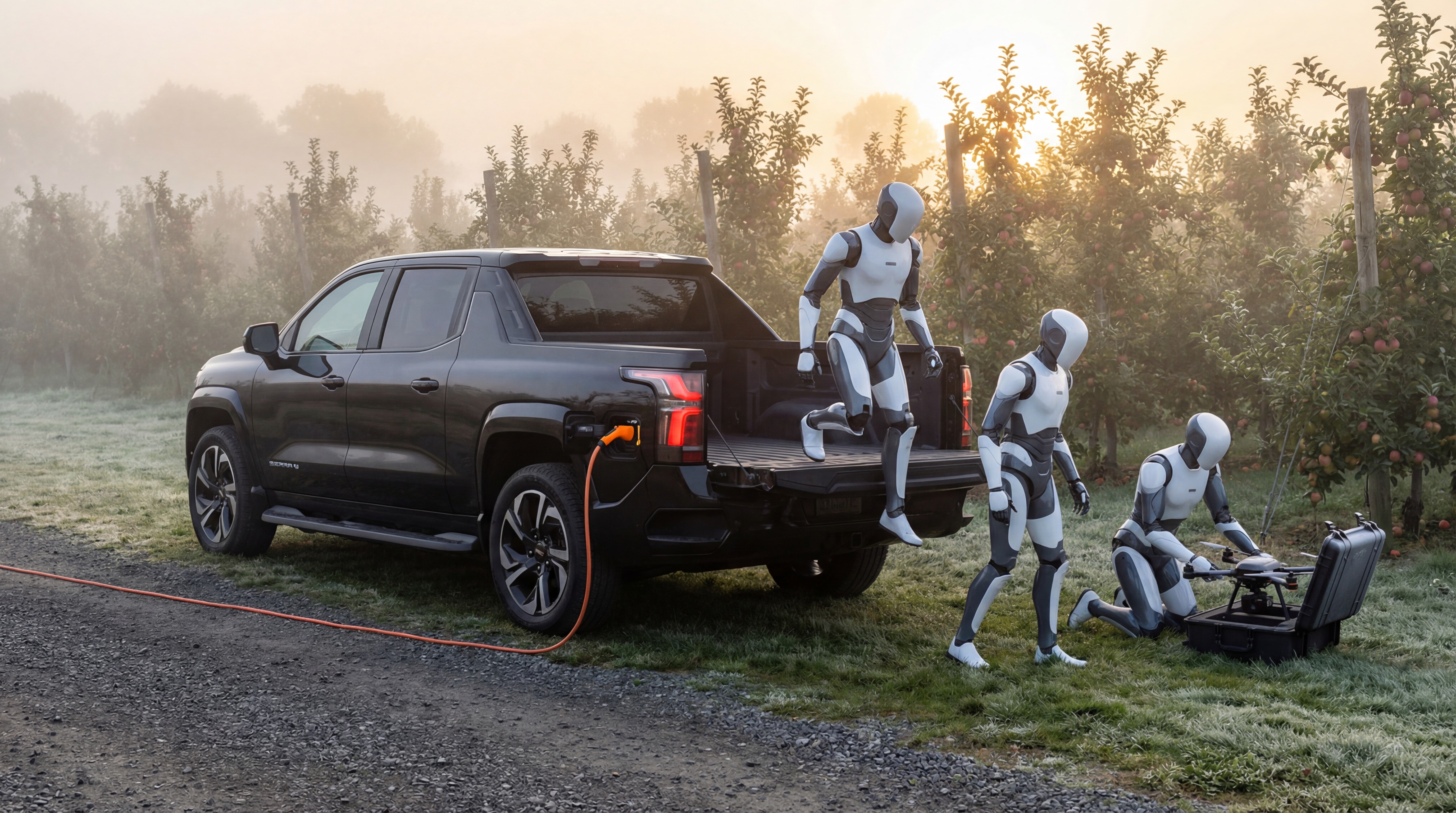 Humanoid robots stepping out of an EV pickup truck at dawn, deploying drones at the edge of a small orchard