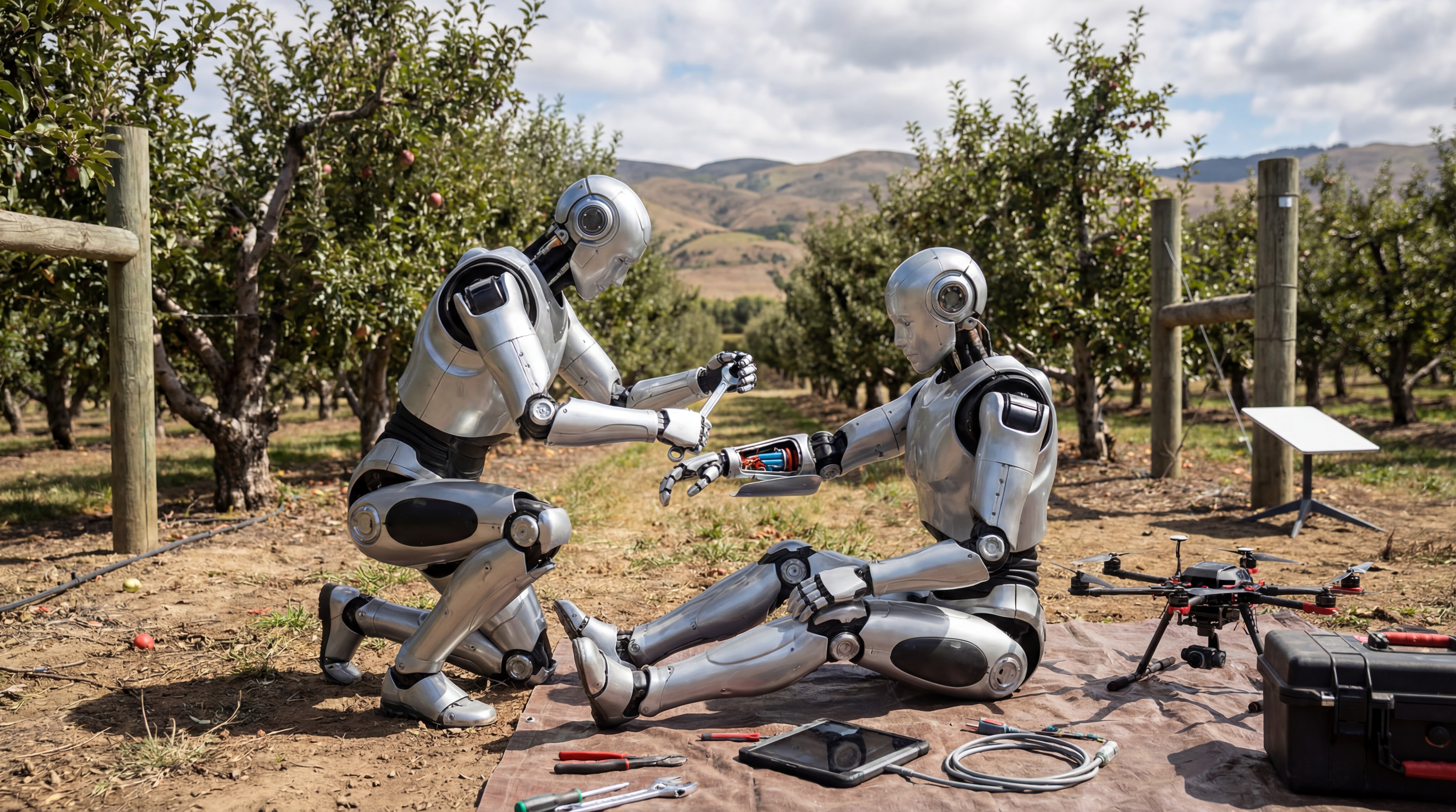 Two humanoid robots repairing each other and a drone in a remote orchard field with satellite dish visible