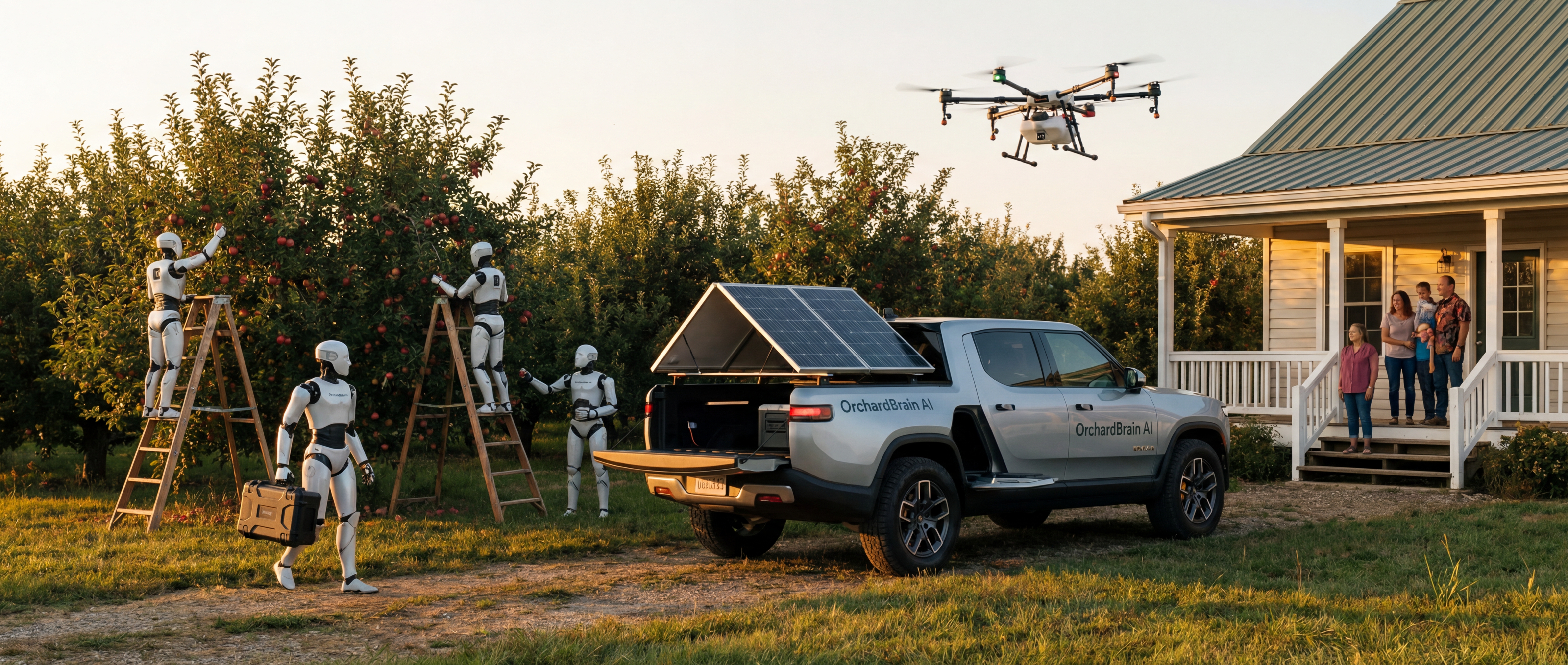 Humanoid robots working alongside an EV pickup truck in a small family orchard, deploying drones and picking fruit on ladders at golden hour