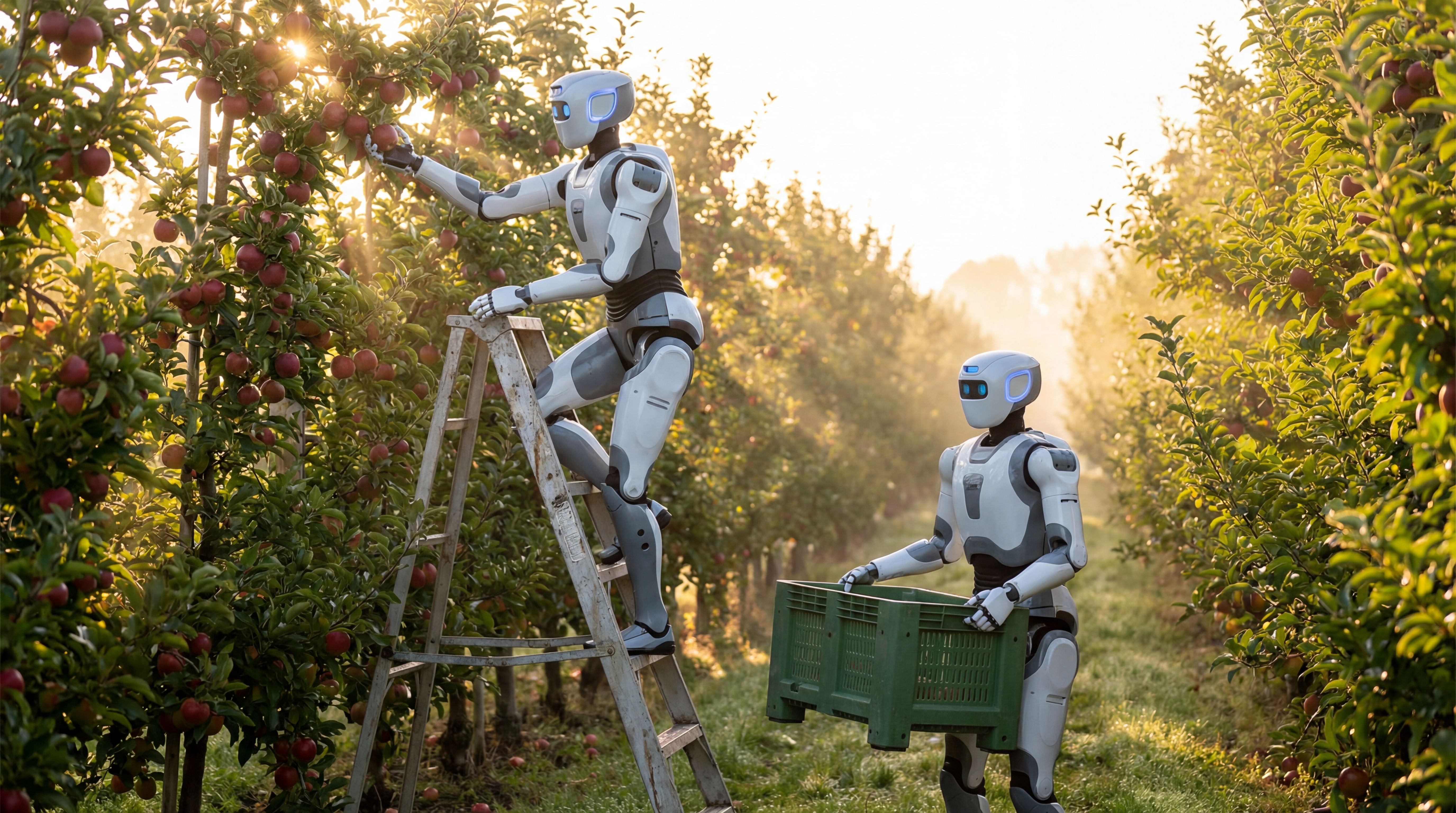 Humanoid robots picking apples from orchard ladders, one climbing while another holds a harvest bin in golden morning light