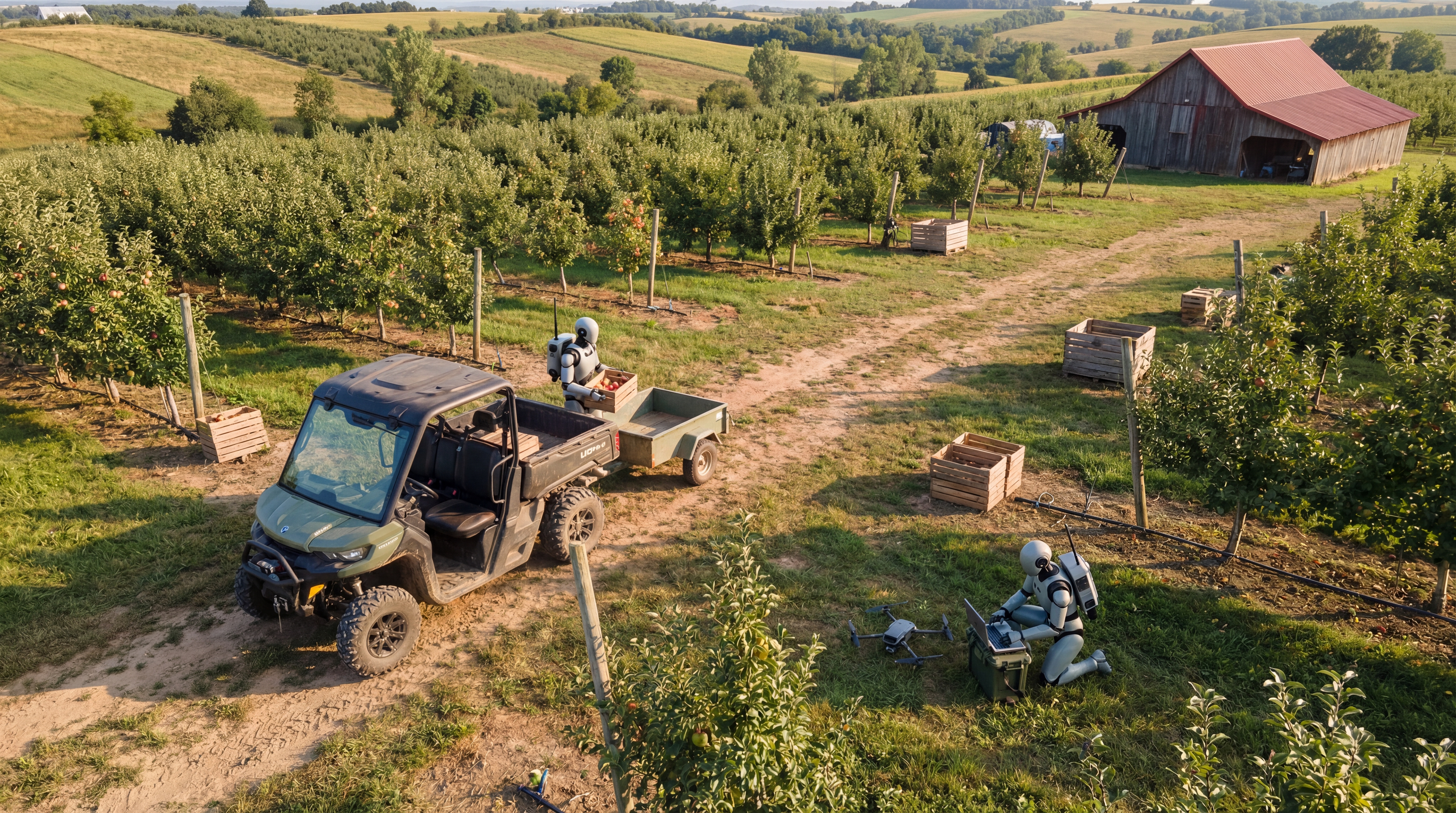 Humanoid robot riding a UTV and setting up survey drones in a small family orchard